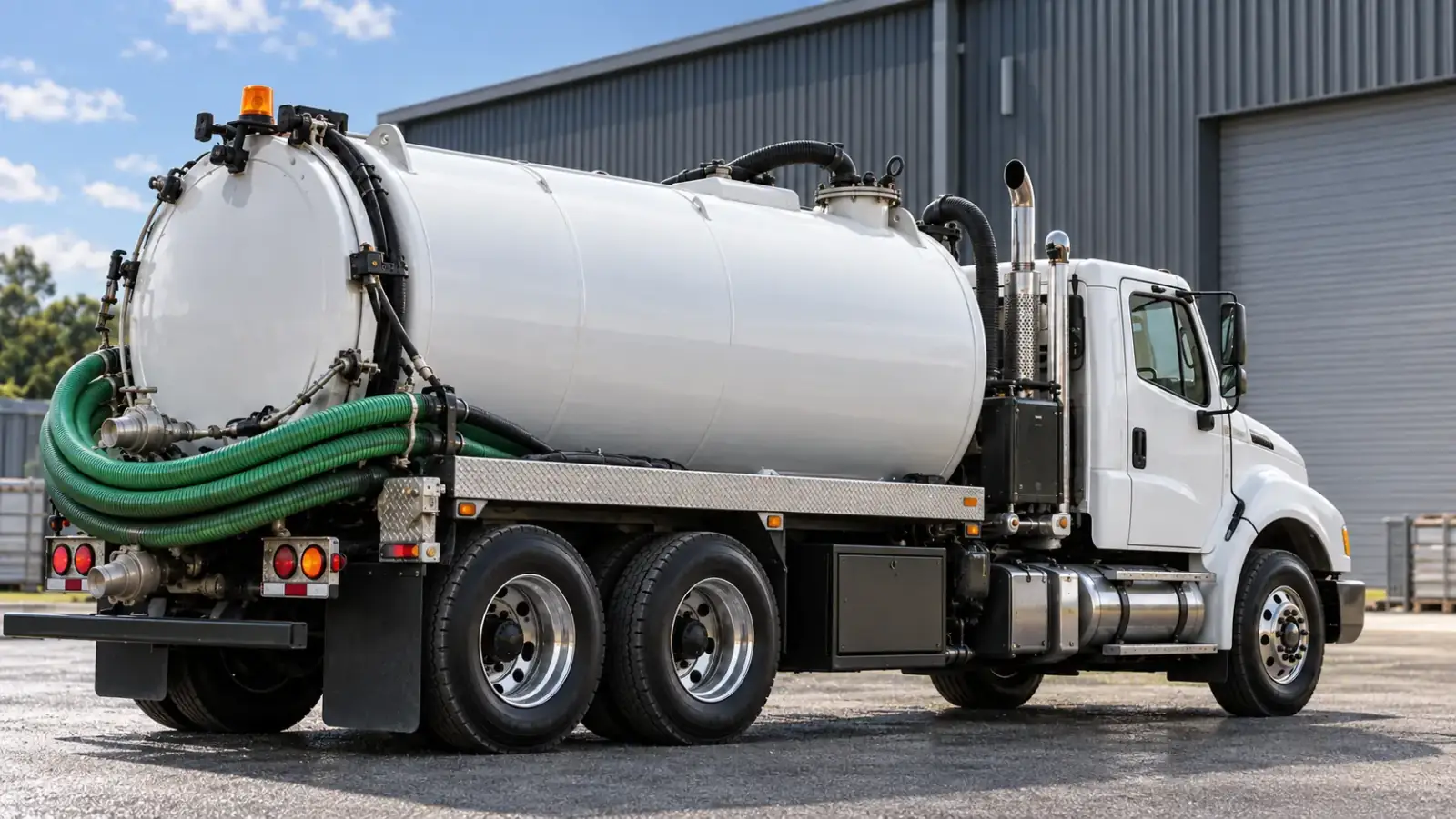 A white honeysucker vacuum tanker truck parked outside an industrial building